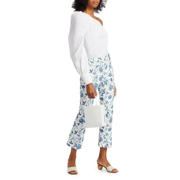 DEREK LAM 10 CROSBY Meloe White Blue Floral Stretch Twill Cropped Pants, Size 2 - Picture 2 of 16